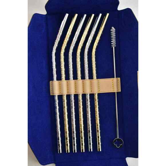 Louis Vuitton Metal Gold Silver Monogram Drinking Straws And Pouch Brown Case - Picture 10 of 12